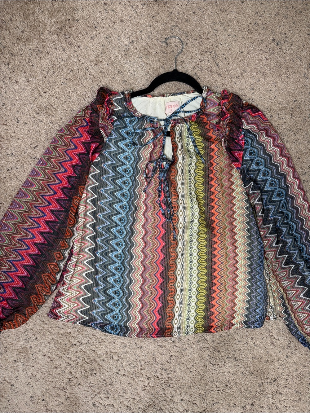 Ciebon Boho Multi-Stripe Zigzag Tie-Neck Blouse Chevron S